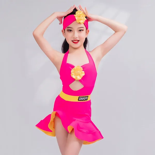 Stage di Usura Fluorescente Rosa Costumi di Ballo Latino Ragazze Halter Top Gonna per Bambini Performance Chacha Samba Rumba Abiti da Ballo SL9687