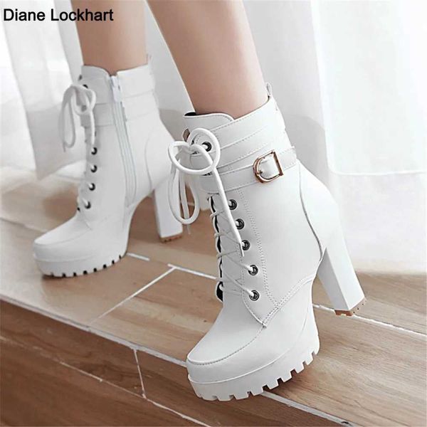 Stiefel Schuhe Frauen Motorrad Stiefel Herbst Winter Damen Boot 2023 Stilvolle Dame Stiefeletten High Heel Plattformen Sexy Botas Schnalle weißL2401