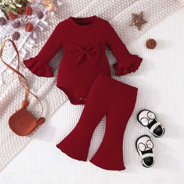 Set di abbigliamento Set per neonato 0-18 mesi Manica lunga Fiocco con volant Pagliaccetto e pantalone taglio a stivale Abito da battesimo Completo per neonato alla moda per bambini