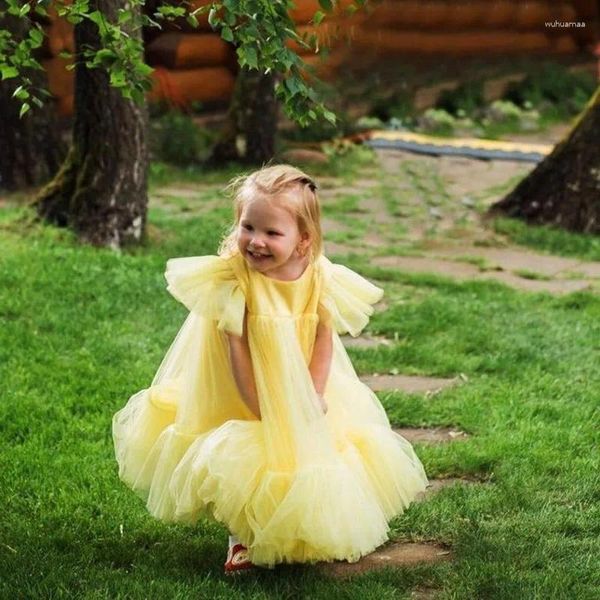 Vestidos da menina cor amarela flor para festa de casamento boné manga inchado tule saia meninas pageant vestidos crianças aniversário batizado