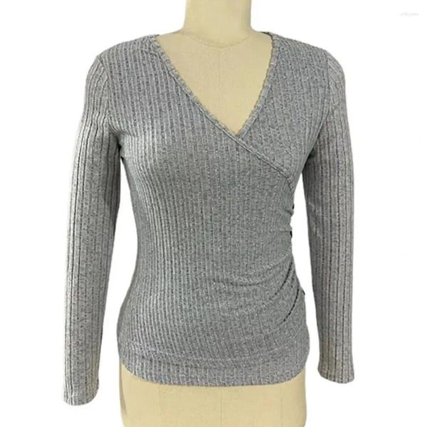 Damen-Blusen, reguläre Körperform, Damen-Oberteil, gerippte Pullover-Oberteile, elegant, tiefer V-Ausschnitt, Herbstmode, mit Slim-Fit-Knöpfen