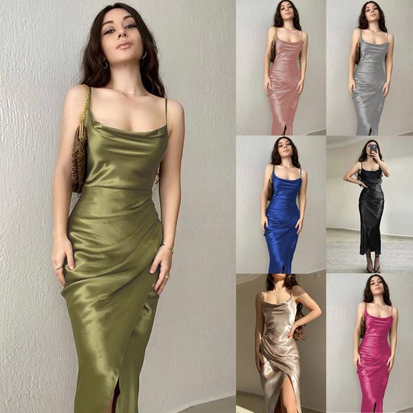 Seja o centro das atenções com este vestido longo sexy e elegante estilo europeu e americano de cetim com corte baixo e frente única, perfeito para um visual moderno e confiante