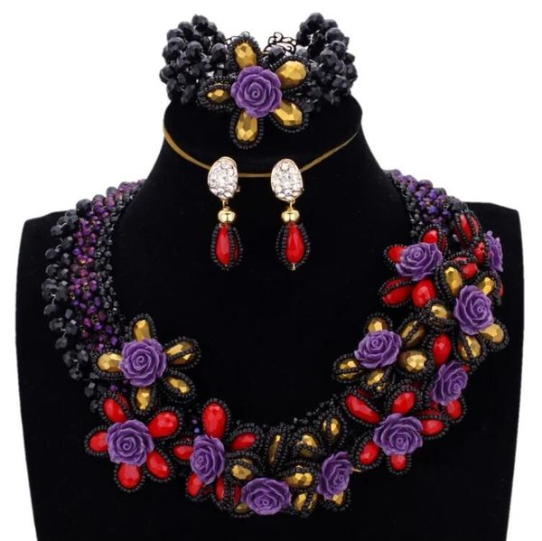 Dudo cristal frisado flores africano tradicional conjunto de jóias de casamento 5 cores colar com pulseira e brincos