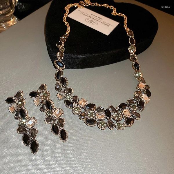 Set di orecchini e collana da donna, set di foglie di cristallo grigio nero di lusso per collares brincos per feste di tendenza