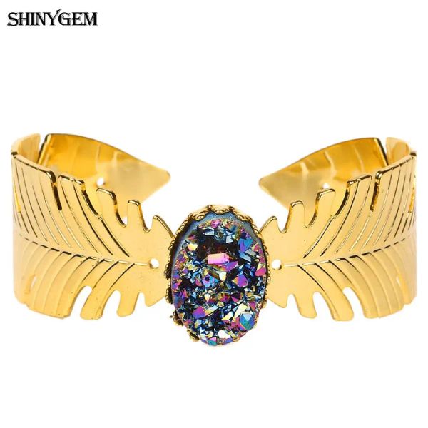 Bangles ShinyGem Gold Feather Colorful Oval Druzy Stone Bracelets Vintage Big Feather Wings Open Cuff Bangles For Women Birthday Party