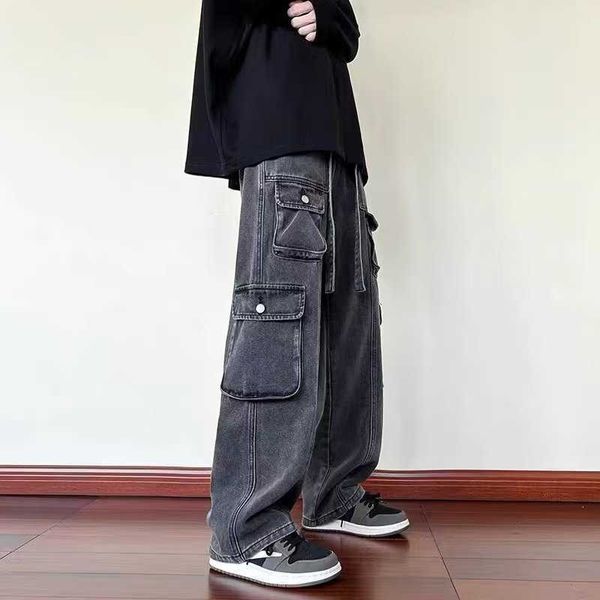 Männer Jeans Hiphop Fried Street Hosen High Fashion Ins Dunkelschwarz Multi Pocket Overalls Männer Lose Gerade