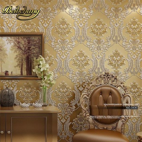 Papel de parede clássico decoração para casa fundo damasco dourado floral cobertura 3d veludo papel de parede sala de estar 286v