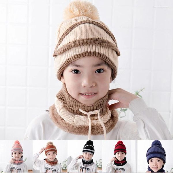 Berets 2024 Koreanischer Stil Kinder Winter 3 in 1 Kinder Strickmütze mit dicker warmer Gesichtsmaske und Halstuch für junge Menschen