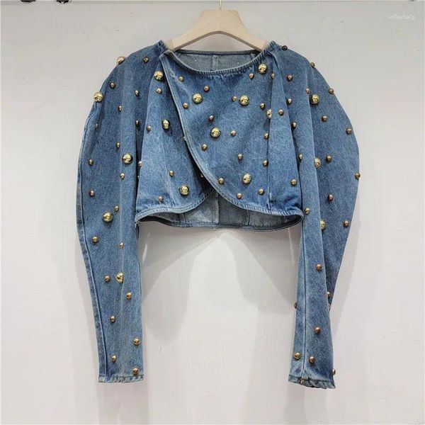 Damenjacken Frühling Herbst Frauen Nieten Lange Laternenärmel Denim Mantel Kurze Perlen Perlen Jeans Bomberjacke Cowboy Cardigan Tops 2024