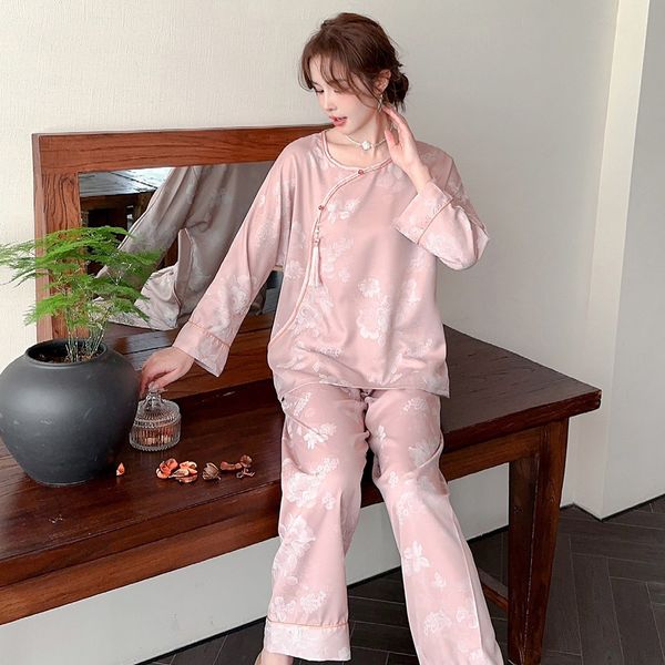 Neue Nachtwäsche Damen Ice Silk Chinese Button Home Fury langärmelige Hosen Rundhals vorne offen Set