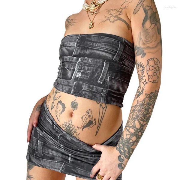 Arbeitskleider Frauen 3D Denim Zweiteiler Rock Sets Outfits Sommerkleidung 2024 Tube Tops Bandeau Korsett und Mini Sexy Club Y2k Streetwear