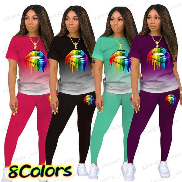 Calças femininas de duas peças verão mulheres dois conjuntos de peças colorido lábio impresso casual sportswear moda gradiente pulôver manga curta o-pescoço esportes terno t240129