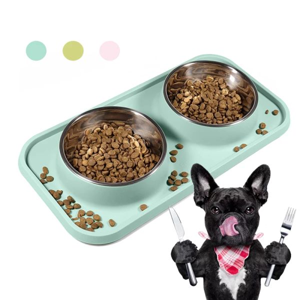 Alimentadores para animais de estimação, tigela dupla antiderrapante para cães com tapete de silicone, comida para cães, tigela alimentadora de água para cães, gatos, filhotes, prato de comida para animais de estimação