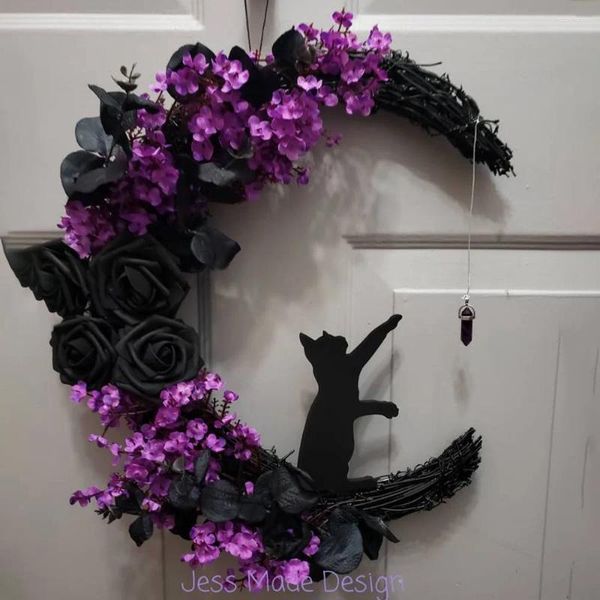 Fiori decorativi 35 cm Halloween menisco gatto ghirlanda porta appesa simulazione creativa pianta anello in rattan decorazione della parete di casa