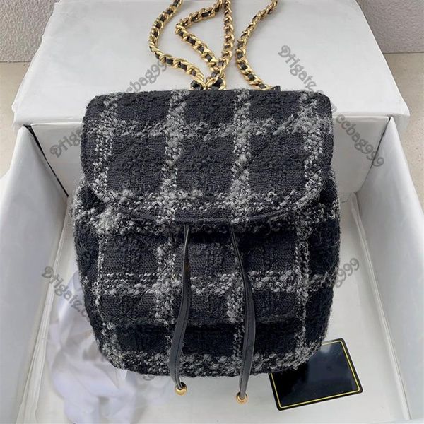 22k designer francês balde aba mochila estilo preto rosa retalhos dois tons tweed acolchoado bolsas de ouro ferragem dupla corrente cla199r