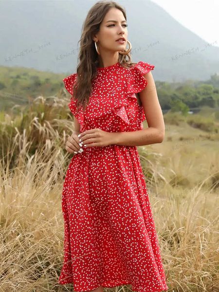 Temel gündelik elbiseler yaz kadınlar zarif nokta baskı basılı kelebek kolu fırfırlar orta uzun şifon şık elbise T240129