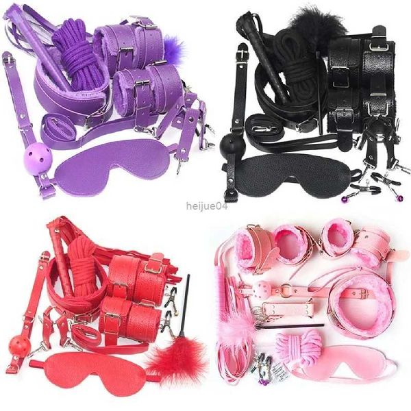 Brinquedos adultos 10 unidades / conjunto de brinquedos sexuais de couro Kits BDSM de pelúcia Algemas de bondage Jogos sexuais Chicote Mordaça Braçadeira de mamilo Sexy para casais Acessórios exóticos