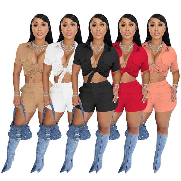 2024 Tasarımcı Trailtsits Kadın Kıyafetleri İki Parça Setleri Bahar Kısa Kollu Gömlek ve Şort Eşleştirme Setleri Casaul Katı Eşleştirmeler Toptan Kıyafetler 10619