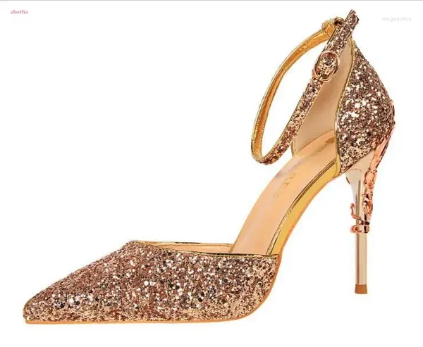 Elbise ayakkabıları kadınlar içi boş pompalar düğün gelin seksi yüksek topuklu ayakkabı bling pullu parti topuk altın kırmızı sandal