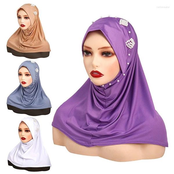 Ethnische Kleidung Muslim Hijab Faux Perlen Perlen Arabisches Kopftuch für Frauen Einfarbige Hijabs Kopfwickel Schal Schal Türkei Bandana Dekor