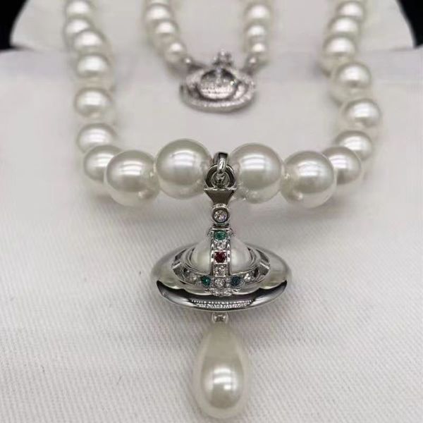Saturn Halskette Perle Perle Perle Diamant Tennis Halskette Damen versilbert einlagig Heben Vintage Mode Designer Schmuck