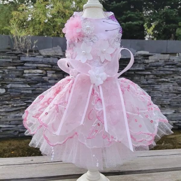 Vestuário de luxo artesanal bordado impressão filhote de cachorro vestidos de cachorro moda rosa laço bowknot vestido de casamento saias de cachorro roupas para animais de estimação casacos poodle