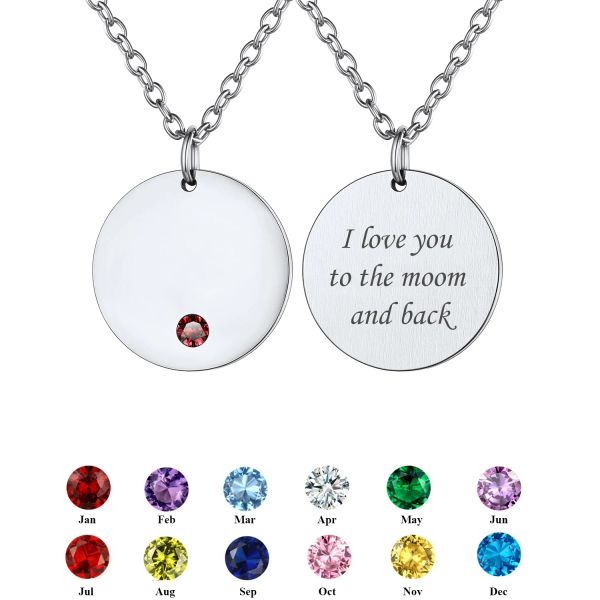 Colares U7 Personalizado Gravar Moeda Colar com Birthstone Gravação Personalizada Disco Redondo Pingente Nome Data Mulheres Homens Casal Jóias