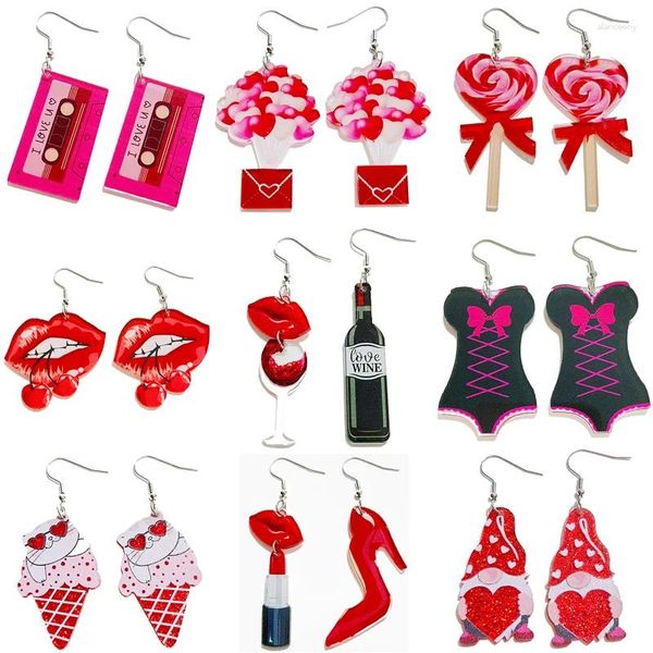 Baumelnde Ohrringe, Valentinstag, romantischer weinroter Lippenstift, Acryl für Frauen, süßes Herz, Lutscher, Ballon, Liebesbrief-Ohrring