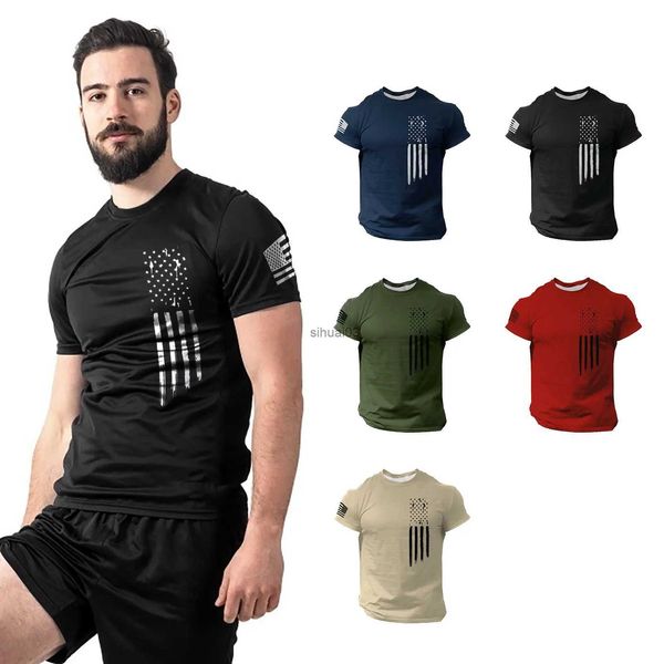 Homens camisetas Mens Camiseta Manga Curta O-pescoço Tee Bandeira Americana Impresso Vintage Fitness Pulôver Ginásio Esportes Camisetas Roupas de Futebol Masculino