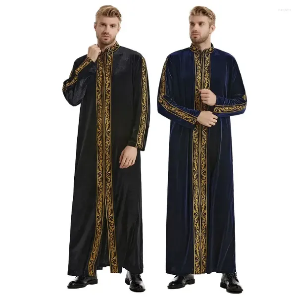 Roupas étnicas Homens de mangas compridas Robe Muçulmano Ouro Veludo Bordado Árabe Islâmico Vestido de Oração Traje Nacional Nobre Luxo T