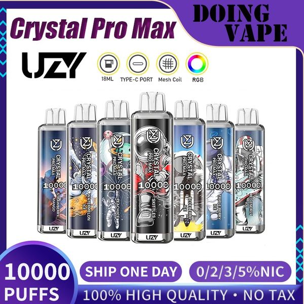 Original UZY Crystal Pro Max 10000 Puff Einweg-E-Zigaretten 16 ml Pod-Batterie wiederaufladbare elektronische Zigaretten Puff 10K 24-Stunden-Versand RBG Light Vape Kit