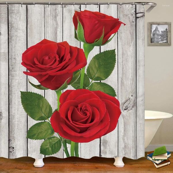 Cortinas de chuveiro 3D Retro Red Rose Flower Impressão Cortina de banheiro de poliéster à prova d'água com gancho Tela de decoração para casa