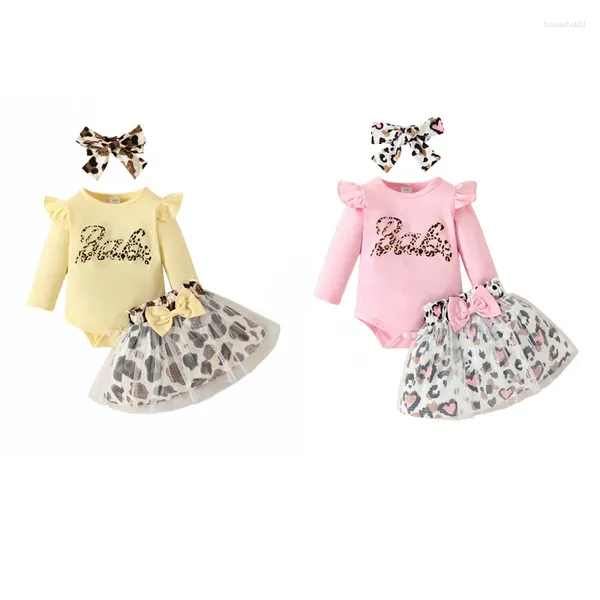 Set di abbigliamento Born Baby Girls Completi Abiti 0-18 mesi Manica lunga Stampa leopardata Lettere Body Fiocco Abito in rete Fascia per capelli Set da 3 pezzi