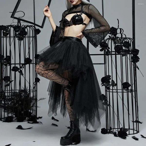 Röcke Gothic Punk Tutu Rock Weiche Tüll Elastische Taille High Low Mesh Net Halloween Cosplay Kostüm Maxi Frauen Kleid