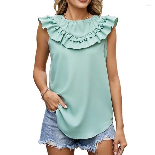 Blusas femininas moda sem mangas senhora blusa topos verão cor sólida plissado em torno do pescoço babados retalhos chiffon camisa superior para mulher