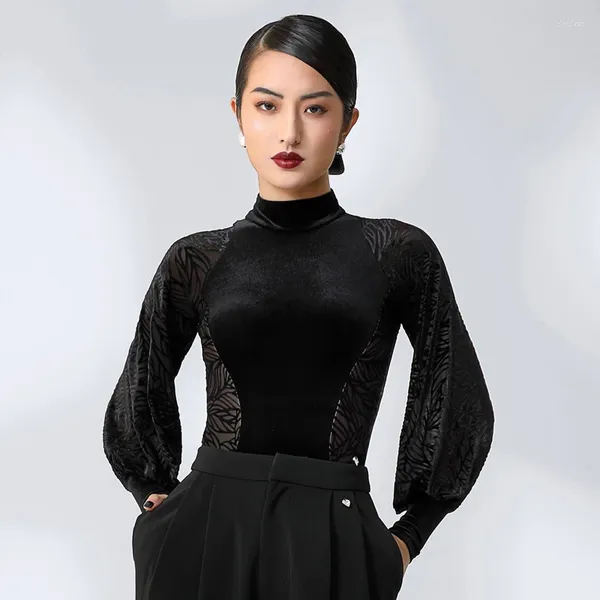 Abbigliamento da palco Donna Maniche a lanterna Top da ballo latino Top in velluto nero da ballo Top per adulti Samba Modern Competition SL9666