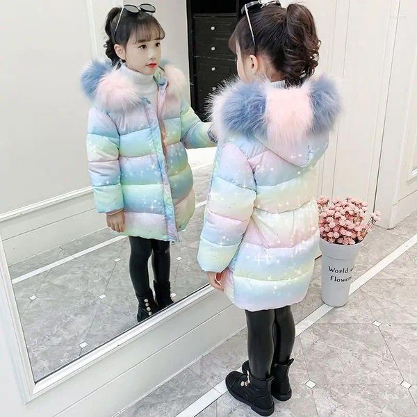 Daunenmantel 2024 Koreanische 4-12 Jahre alte Winterjacke für Jungen und Mädchen, langer Stil mit Kapuze, Pelzkragen, bunt, schwer, für Kinder, Kinder, Oberbekleidung