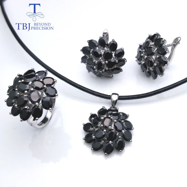 Ringe TBJ, Natural Black Spinel Edelsteinschmuck in Sterling Sier Bester Ringanhänger Ohrring für Frauen täglich Party Kee