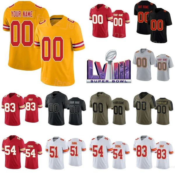 Super Bowls LVIII 2024 Calcio 54 Leo Chenal Jersey Bambini Uomo Donna 51 Mike Danna 21 Mike Edwards 4 Rashee Rice 83 Noah Grey 23 Drue Tranquill 22 Trent McDuffie Rosso Bianco