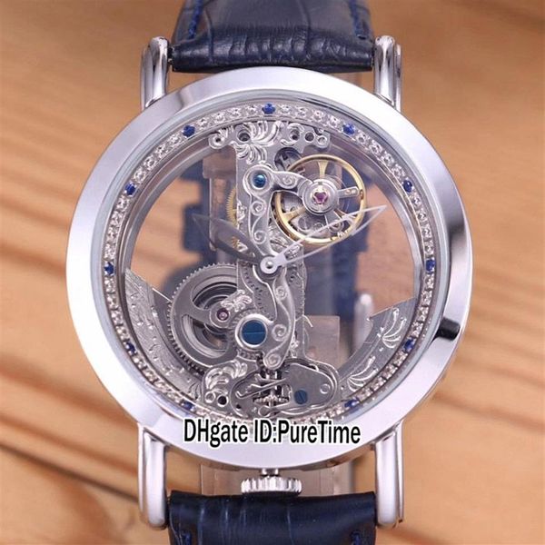 Neue Golden Bridge 42mm Stahlgehäuse Silber Diamant inneres Skelettzifferblatt Automatik Tourbillon Herrenuhr Sportuhren blaues Leder C223A