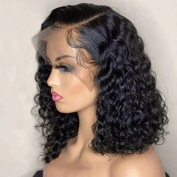 Глубокая волна, 180% плотность, предварительно выщипанная боковая часть, короткий боб 134, кружевной фронтальный бразильский парик из натуральных волос для чернокожих женщин 240118