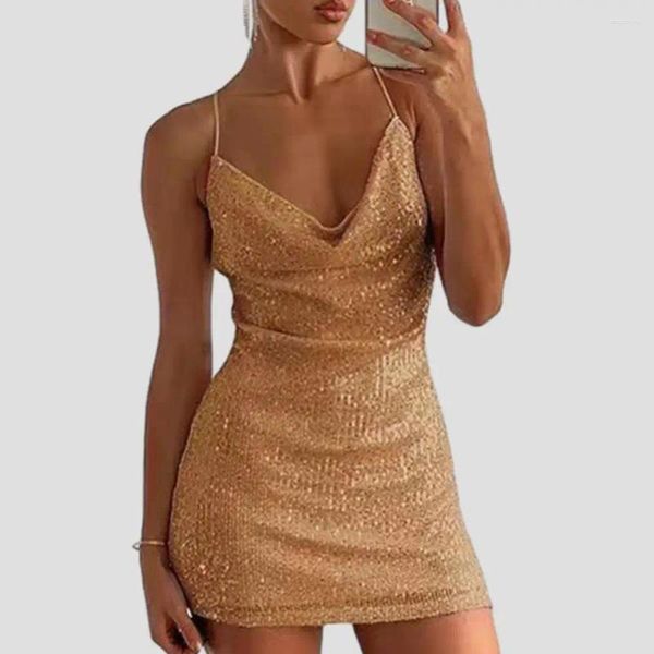 Abiti casual da donna abito aderente con paillettes scollo a V senza schienale mini da festa per vestibilità slim sopra il ginocchio clubwear con lucentezza