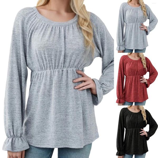 Damenblusen 2024 Langarm elastische Taille für Frauen elegant lässig Baum Baumwollhemd elegante weibliche Rüschen Top Swing Streetwear