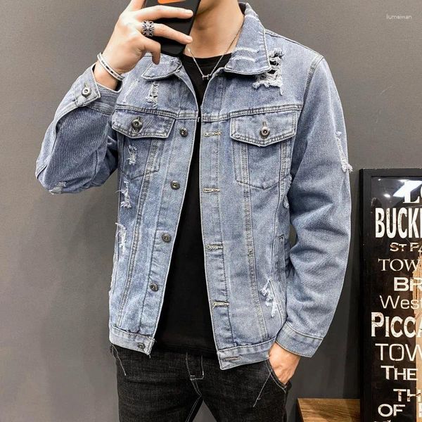 Männer Jacken Blau Denim Jacke 2024 Frühling Männer Hip Hop Slim Fit Cowboy Männliche Baumwolle Streetwear Zerrissene Oberbekleidung Mäntel M-4XL