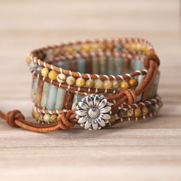 Bangle Boho Pulseira Único Forma de Tubo Pedra Natural 3 Camadas Envoltório de Couro Pulseiras Bohemian Mulheres Declaração Pulseira Dropshipping