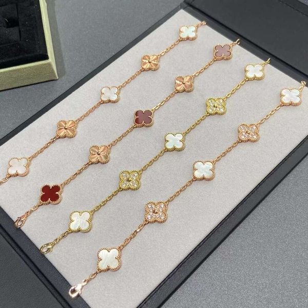 Designer de jóias van cleff pulseira ouro alta edição artesanato fanjia cinco flor quatro folhas grama pulseira branco fritillaria rosa ouro diamante laser