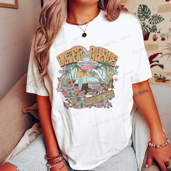 T-shirt da donna T-shirt oversize casual Surfing Outer Banks Graphic Tops T-shirt da donna stile retrò Camicia da spiaggia per vacanze Camicia in cotone a maniche corte T240129