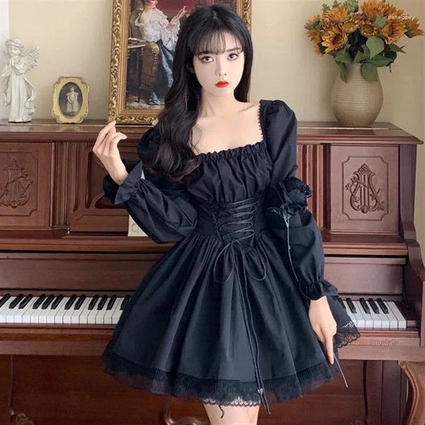 Vestidos casuais vestido de manga mulheres y2k pescoço quadrado kawaii laço guarnição partywear lolita bonito preto princesa elegante festa