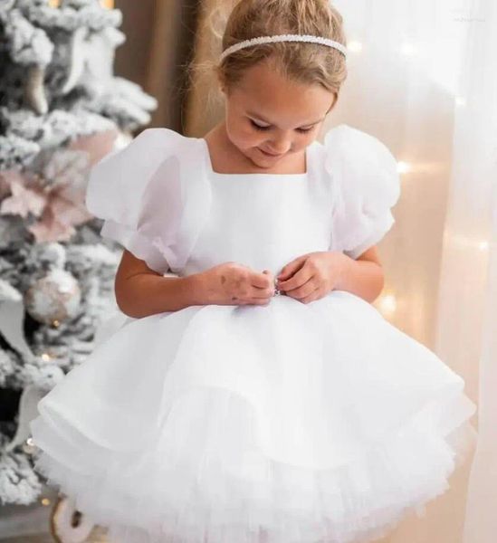 Vestidos de menina bonito simples branco tule na altura do joelho manga curta com arco vestido de flor para casamento crianças comunhão sagrada aniversário