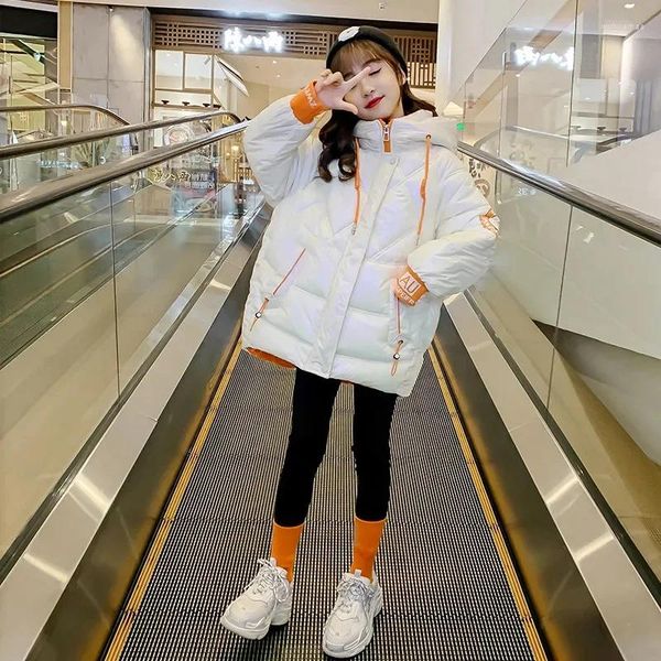 Piumino Vestiti per ragazze Giacca in cotone moda Inverno spesso caldo Stampa di lettere Abbigliamento per bambini Top con cappuccio di media lunghezza 4-14 anni